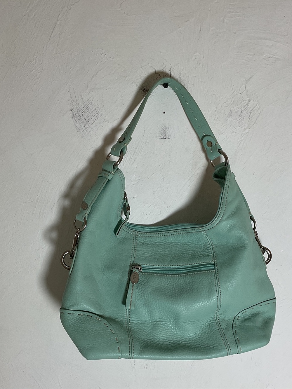Donald J Pliner Mint Green Pebble Leather Hobo Shoulder Bag Whipstitch